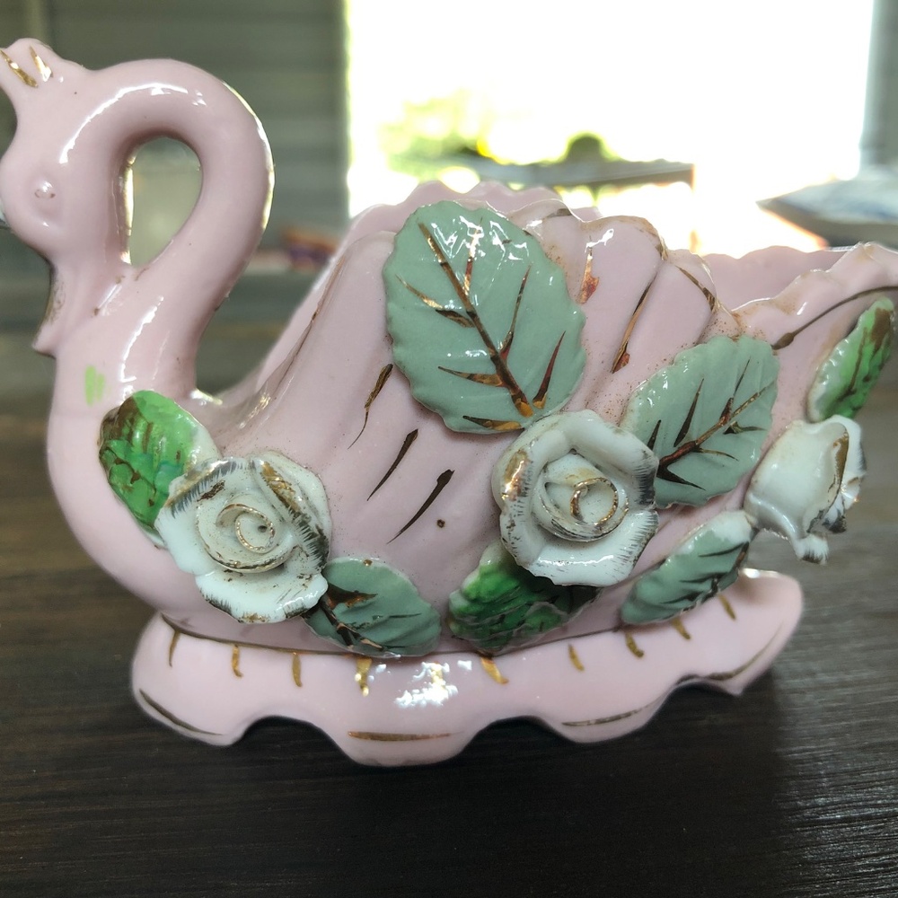 3/$32 ~40s/50s Shabby Coquette Porcelain Pink Swan Blue/Green Roses Mini Planter